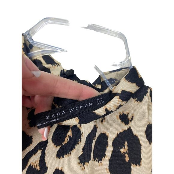 Zara Mock Beige‎ Brown Neck Animal Print Open Sides Midi Dress Large - Picture 13 of 14